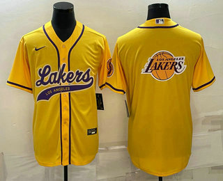 Men%27s Los Angeles Lakers Yellow Team Big Logo Cool Base Stitched Baseball Jersey